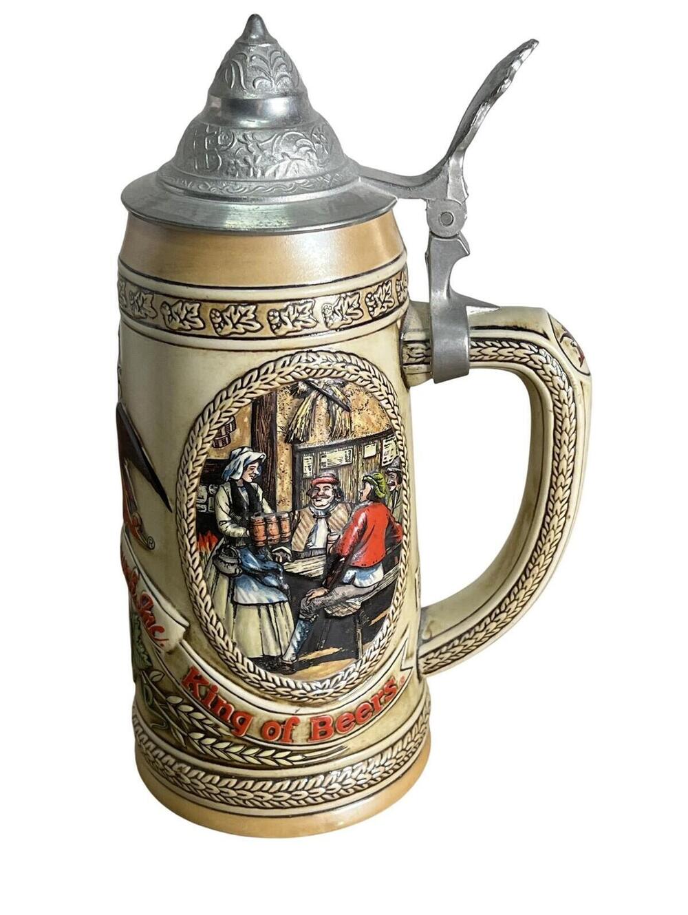 Vintage Budweiser Lidded Beer Stein King Of Beers Tavern Pewter Lid Barware